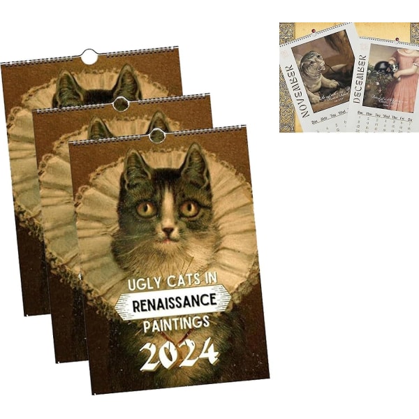 Kattevægkalender 2024, Grimme katte i renæssancemalerikalender 2024, sjov renæssancekattekalender, 12 måneders kattekalendere (FMY) 3pcs