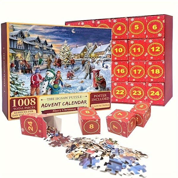 Joulukalenteri-palapeli 1008 osaa, Juhlava joulukalenteri, 24 päivän laskurikalenteri, 24 miniboksia, Lumimaisema-palapeli (FMY) Santa Claus Puzzle