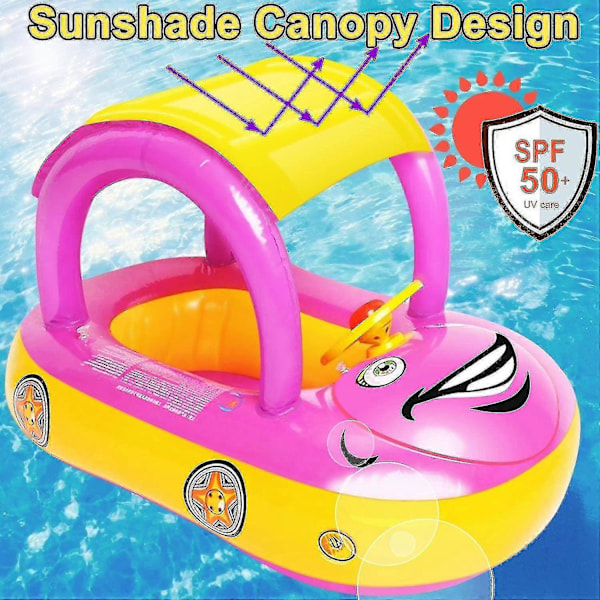 Uppblåsbar Babypool Float med Tak, Bilformad Badfloat Båt för Spädbarn Småbarn Barn (FMY) Pink
