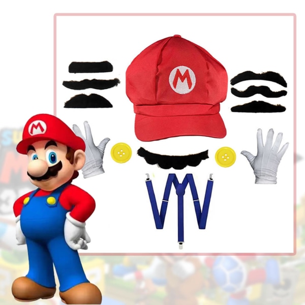 Super Mario Bros Cosplay Rekvisitter Dome Bomuldskasketter Handsker Overskæg med Suspender Halloween Party Cosplay Rekvisit (FMY) Red Hat   Green Hat