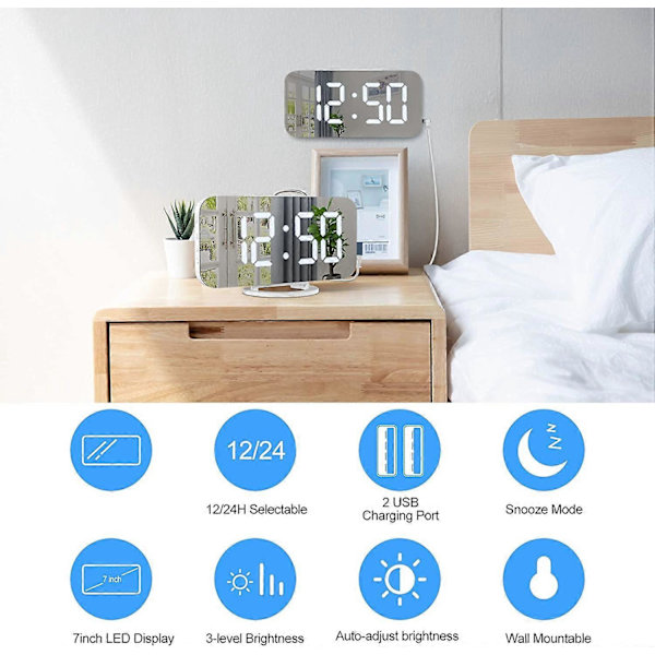 Digital väckarklocka med spegelyta, dubbla USB-portar och LED-display för kontor och hem (FMY) White