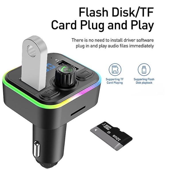 Bil FM-sändare med omgivande ljus, Bluetooth 5.0 Mp3-spelare, Dual USB Type-c-port Laddaradapter Stöd Tf Card U Disk (FMY)