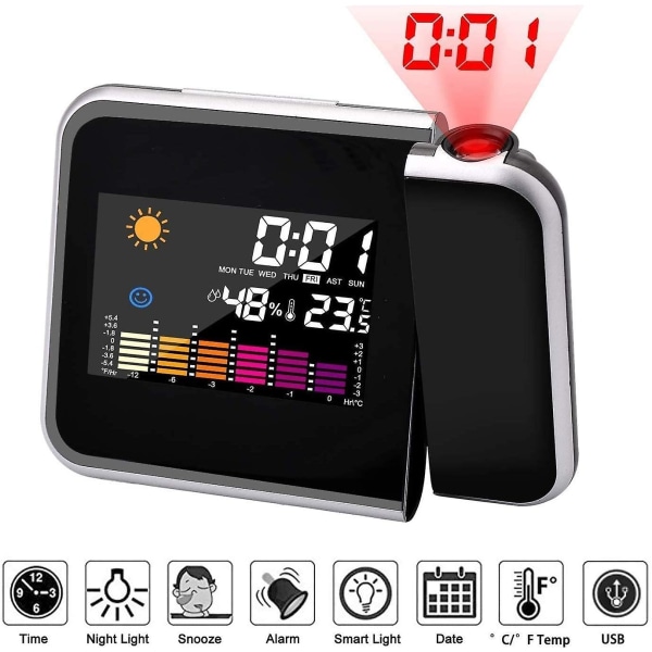 Projektorväckarklocka, mode digital väckarklocka vid sängkanten, LED digital väckarklocka med tidsstation/lcd-display/temperatur och datum/ USB laddning/12