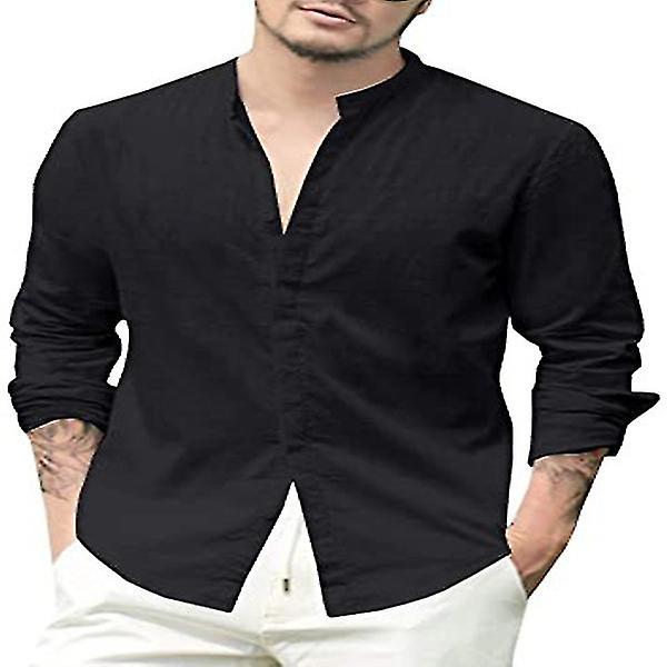 Skjorter med lange armer i lin Button Down sommerskjorter for menn (FMY) black L