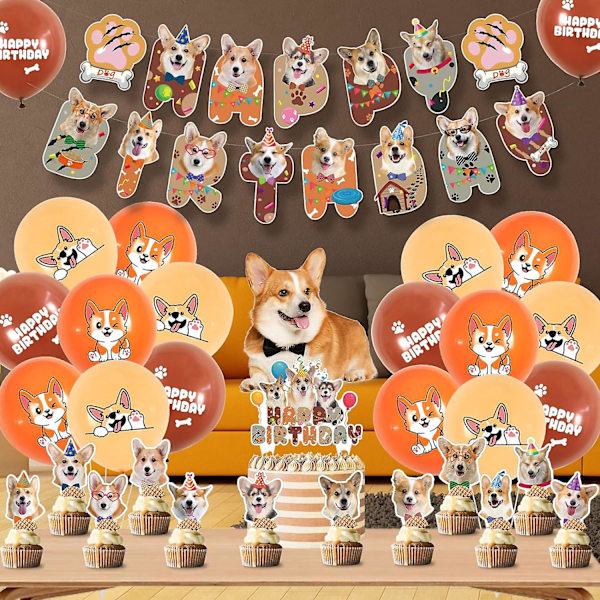 Kawaii Corgi -teemainen syntymäpäiväjuhlatarvikkeet, mukaan lukien banneri, ilmapallot, kakun koristeet, cupcake-koristeet, söpöt ja karvaiset corgi-koiran juhlatarvikkeet (FMY)