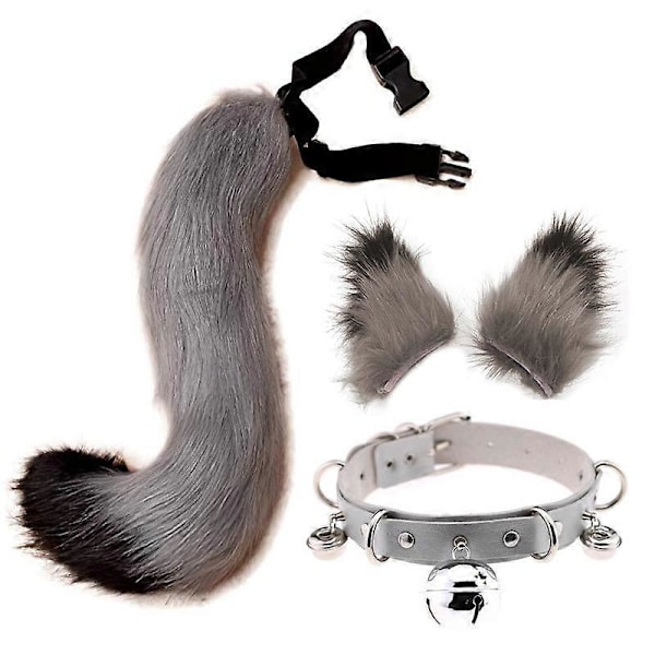 Fuskpäls Kattöron Hårklämma Fluffig Varg Räv Lång Svans Kostym Halloween Party Halsband Cosplay Set (Grå-Svart) (FMY)