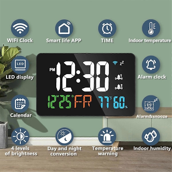 Digital Klokke Vekkerklokke WiFi Klokke, Ekstra Store Bokstaver, Temperatur og Luftfuktighet, Kalender, Uke (FMY) Black