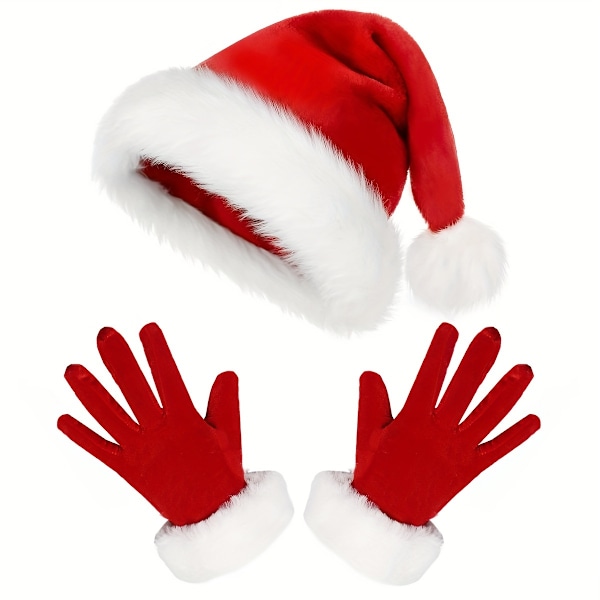 2-delad jultomteset med tillbehör - Levande röd sammetshatt med vit kant och matchande handskar för kvinnor - Popkultur (FMY) Santa Hat+Gloves