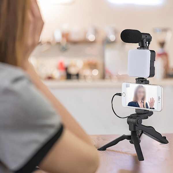 10-tums Tripod-kit för videobloggning för iPhone och Android - LED-lampa, Mini Shotgun-mikrofon, Telefonhållare och Batteridriven Design för (FMY) Black