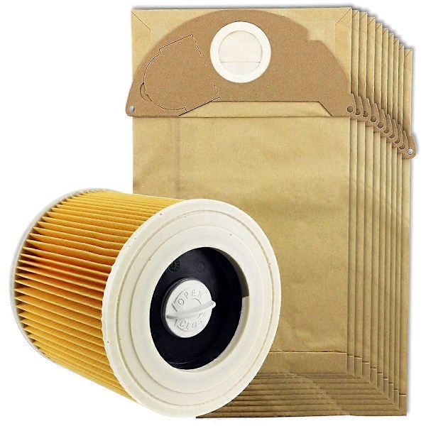 Til Karcher Våd&Tør Wd2 Støvsuger Filter Og 10x Støvsugerposer (FMY) yellow