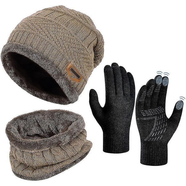 Vinterhue Tørklædehandskesæt - Termisk, varm strikket huehue med rund halsvarmer (FMY)