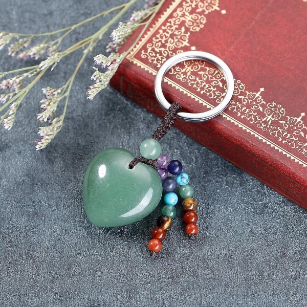 Naturlig grøn aventurin hjerte krystal nøglering 7 Chakra Healing ædelsten nøglering charme til kvinder (FMY)