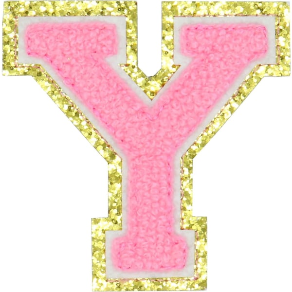 Engelska bokstaven Y Stryk på reparationslappar Alfabetsömnad Applikationer Klädmärken, med guldglitterkant, självhäftande baksida Stickerrosa Yypink (FMY)