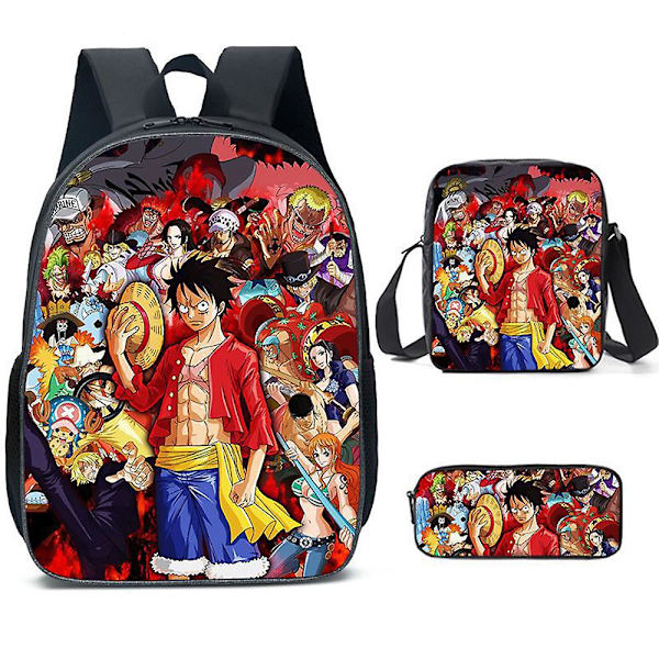 Anime One Piece Tryck 3-pack/set Barnryggsäck Lunchväska Axelväska Pennfodral För Pojkar Flickor (FMY)