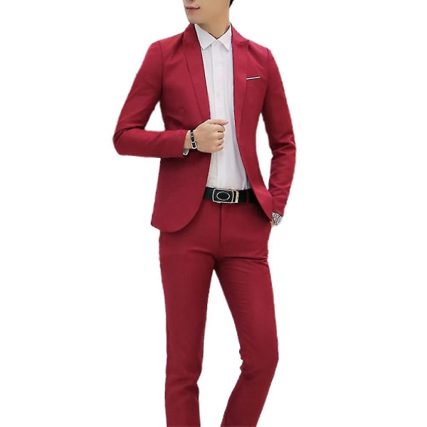 Mænd Business Formel 2-delt Tuxedo Suit Blazer Jakke + Bukser Sæt (FMY) Wine Red L