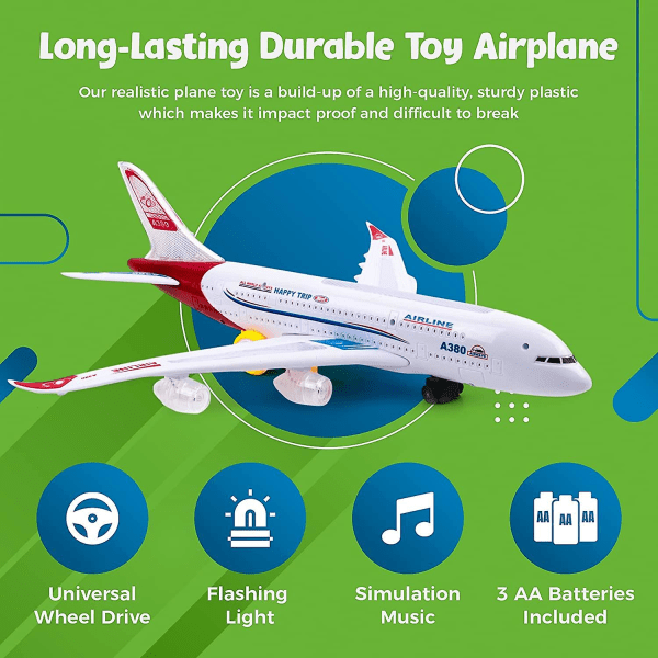 Lentokonelelut lapsille, Bump And Go -toiminta, toddler lelulentokone LED-vilkkuvaloilla ja -äänillä 3–12-vuotiaille pojille ja tytöille (airbus A380) (FMY)