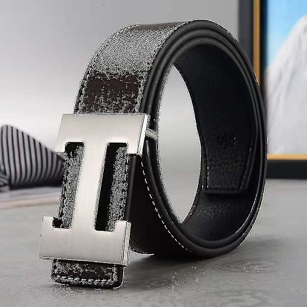 Ny Stil Business Fritid Ægte Pu Læder H Glat Spænde Litchi Korn Bælte Til Mænd V  (FMY) Coffee silver buckle