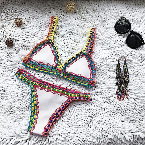 Virkade badkläder för stickade baddräkter för kvinnor Neopren Bikini Beachwear Boho Style Baddräkt Tvådelade baddräkter (FMY) Pink M