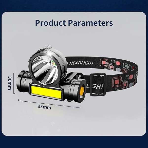 Vedenpitävä Led-otsalamppu Cob-työvalo 3 valaistustilaa Taskulamppu Usb-lataus otsavalo Metsästyslamppu Vaellus Etuvalaisin  (FMY)