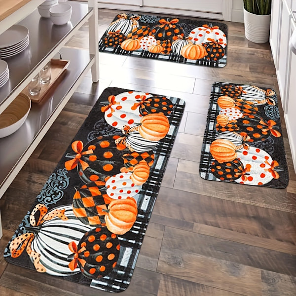 2/3-delars höstskörd pumpa köksmatta set - Mjuk, plysch, anti-trötthet, halkfri flanell mattor för diskbänk, sovrum, vardagsrum, matplats (FMY) 16x24+17x47inch（2pcs）