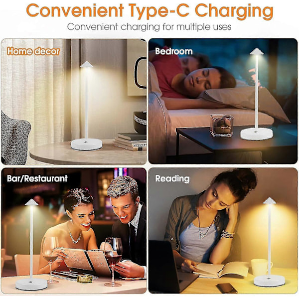 LED Touch Sladdlös Bordslampa, Uppladdningsbar Portabel Bordslampa, 3 Ljusstyrkenivåer Dimbar Skrivbordslampa för Sovrum Hem Läsa Kontor Bar (FMY) White