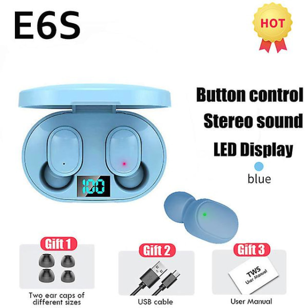 E6s Tws Fone Bluetooth -hörlurar Trådlösa hörlurar LED-skärm Brusreducerande hörlurar med mikrofon Trådlös Pk E7 A6 Y30 Y50 I7 (FMY) Blue Earbuds