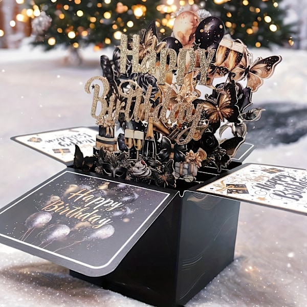 1 kpl Musta Kulta 3D Pop-up Syntymäpäiväkorttisetti Pallon ja Perhosen Koristeella - Sopii Miehille ja Naisille, Sisältää 1 Tervehdyskortin (FMY) Black Golden Birthday