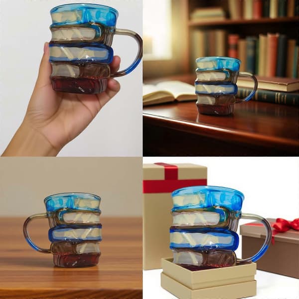 3D Färgglada Böcker Mugg Stack (450ml) - Packa upp Kaffekonstpresent för Bokälskare, Nyhetskaffemuggar (FMY)