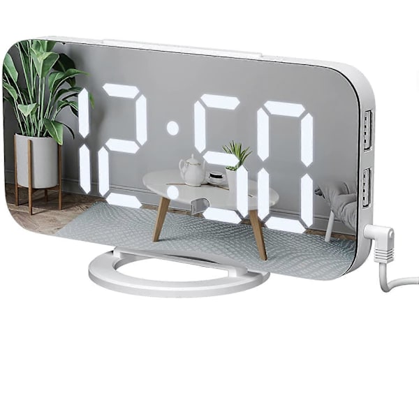 Digital väckarklocka med spegelyta, dubbla USB-portar och LED-display för kontor och hem (FMY) White