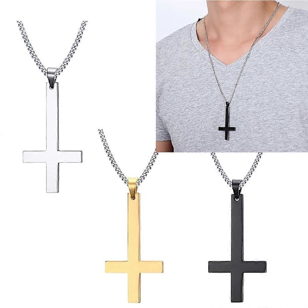 Halsband i rostfritt stål med upp och ner-vänt kors, amulett, överraskningspresent till pojkar (FMY) Steel color