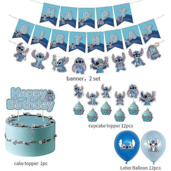 Lilo ja Stitch -syntymäpäiväkoristeet, Stitch -syntymäpäivälippu, kakun koristeet, ilmapallot, Stitch -teemainen syntymäpäiväjuhlan koristeet (FMY)