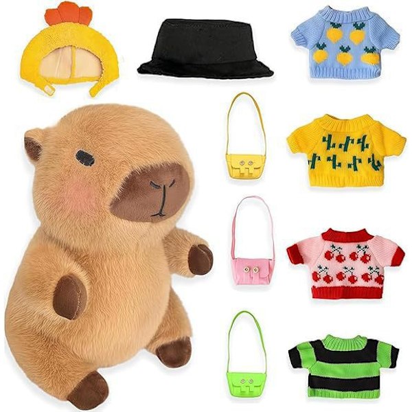 Capybara Plysjleketøy med 9 stk Klesstilbehør Pedagogisk DIY Dukke Utkledning Søt Capybara Kosedyr for Jenter Gutter (FMY)
