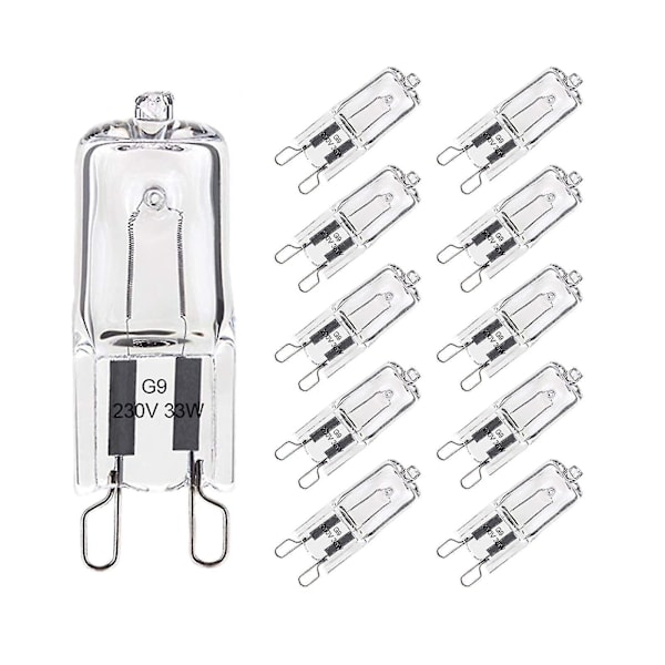 Pakke med 10 G9-pærer, 33W varm hvit, halogen G9 for ovn med toleranse på 300°C, G9 filamentkapselpærer 420lm 230V (FMY)