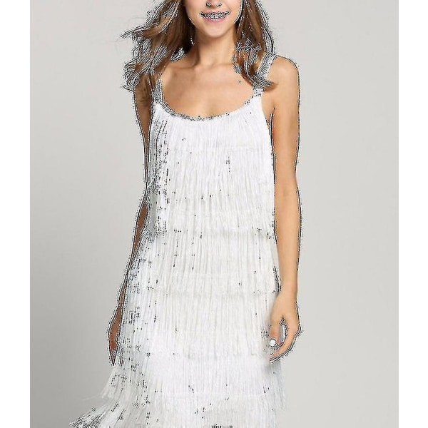 Fantastisk Gatsby-klänning 1920-talsfest vintage tofs damfransade klänningar (FMY) White XXXL