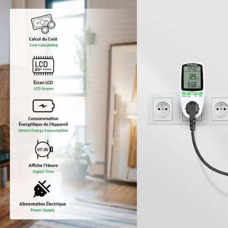 LCD strømuttak wattmeter – Måler 220V forbruk – 16A strøm – Viser strøm og energikostnad – Integrert sikkerhetssystem（FMY）