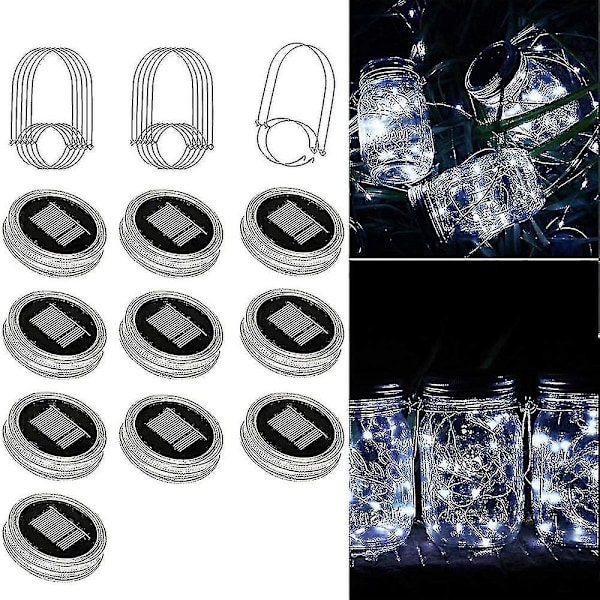 20 LED 10 Pakkaa Mason Jar -kansi Aurinkokennovalot Ripustuskoukulla Mason Jar -satumainen Puutarha Patio [ilman purkkia] (FMY) white