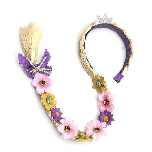 Princess Dress Up Parykker, Princess Rapunzel Lange flettede paryk pandebånd med tiara blomster prydet til piger Kostume tilbehør - - (FMY)