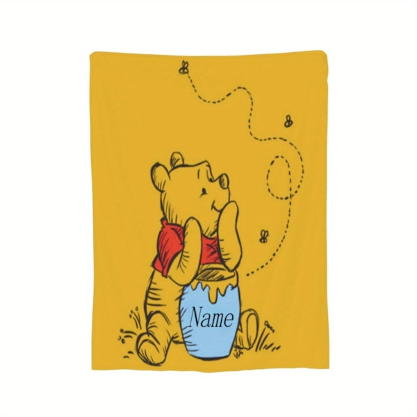 1pc Customizable Winnie the Pooh Personalized Name Blanket Soft Flannel Blanket, Cozy and Warm Travel Blanket, Digital Printed Seasonal Acce  (FMY)