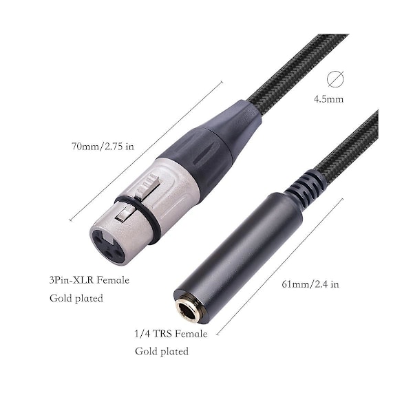 XLR til 1/4 kabel, balansert XLR hunn til 1/4 tommers hunn stereo lydadapter, 3-pin hunn XLR til 1/4 tommers hunn (FMY) Black