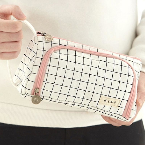 Student Pen Pencil Case School Stationery Cosmetic Bag Stor Kapasitet  (FMY) White Plaid