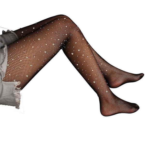 Kvinnor Sexiga ihåliga nätstrumpbyxor Glitter Rhinestone Diamond Utsmyckade Slim Mesh Tights Genomskinliga nätstrumpor Party Clubwear (FMY) Black