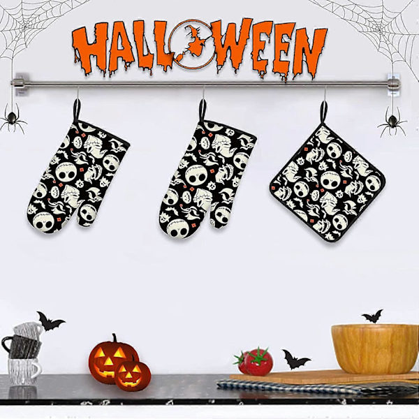 Halloween Ugnsvantar och Grytlappsset Julkök Värmebeständiga Halksäkra Ugnshandskar för Säker Grillning Matlagning Bakning (FMY) Halloween-01