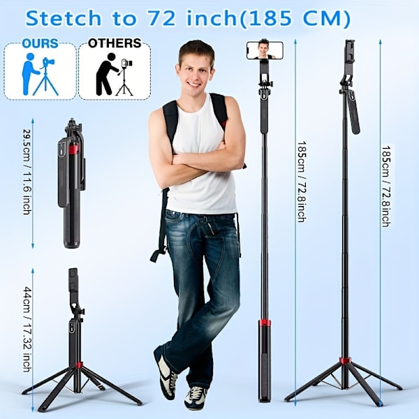 72\" Selfie Stick Stativ, Bärbar Kamerastativ, P185, 1.85M, Allt-i-ett Utökbart Telefonstativ med Trådlös Fjärrkontroll 360° Rotering (FMY) P185-Black-Red