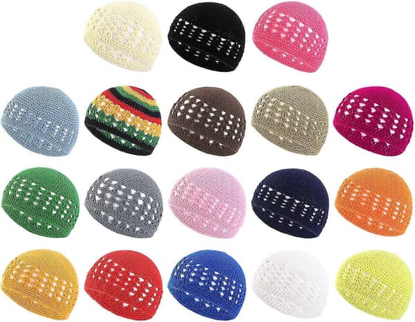 Hæklet hue elastisk vinter hulstrikket beanie til voksne bomuld sort muslimsk bedehætte skull cap (FMY)