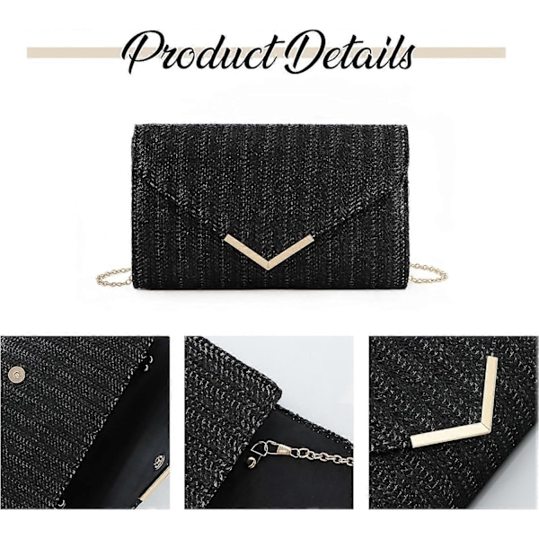 Stråväska Clutch Raffia Rattan Sommarväska Vävda Strandväskor för Kvinnor Bröllop Semester Resa Party 2024 (FMY) Black