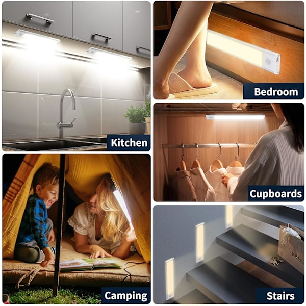 LED-köksbelysning, Trådlös USB-laddningsbar garderobslampa, 6000K LED-köksbelysning under skåp, Magnetisk dimbar med rörelsesensor (20 cm * 2-pack) (FMY)