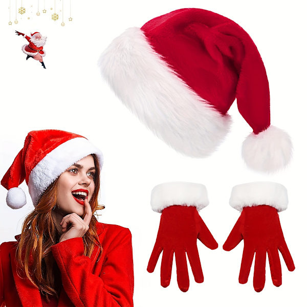 2-delt Julemandskostume Tilbehørssæt - Levende Rød Fløjl Julemandshue med Hvid Kant og Matchende Hånddækker til Kvinder - Popkultur (FMY) Santa Hat+Gloves