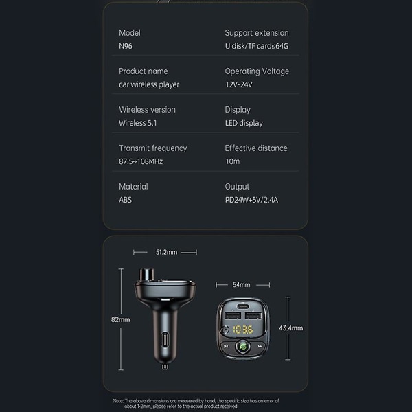 Bluetooth 5.1 FM-sender Mp3-spiller PD 24W Dual USB-bil hurtiglader for U-disk/TF-kort (FMY)