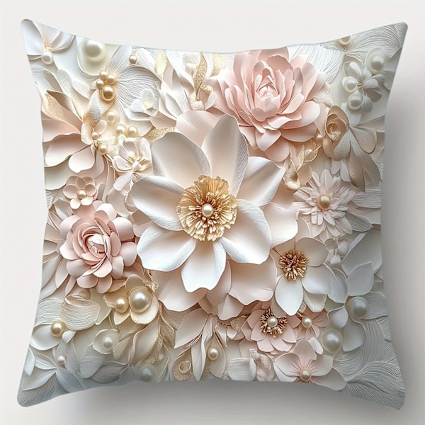 4 stk. Levende Blomster Accent Puder - 3D Printet Rosa & Hvide Blomster, Blødt Kunstigt Stof, 45x45 cm Dekorative Puder til Stue (FMY) 4pcs