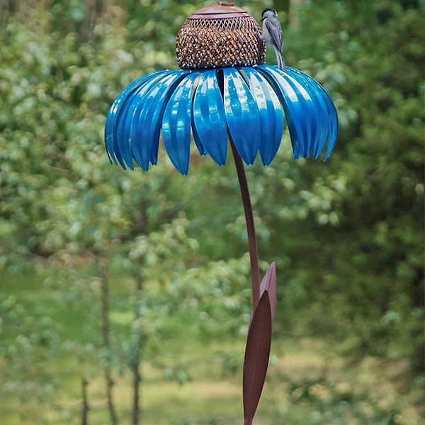 2 stk. Sensation Kornblomst Fuglefoder Outdoor Premium Stående Fuglefoder Metal Blomst Pæl Stativ (FMY) Red  Blue